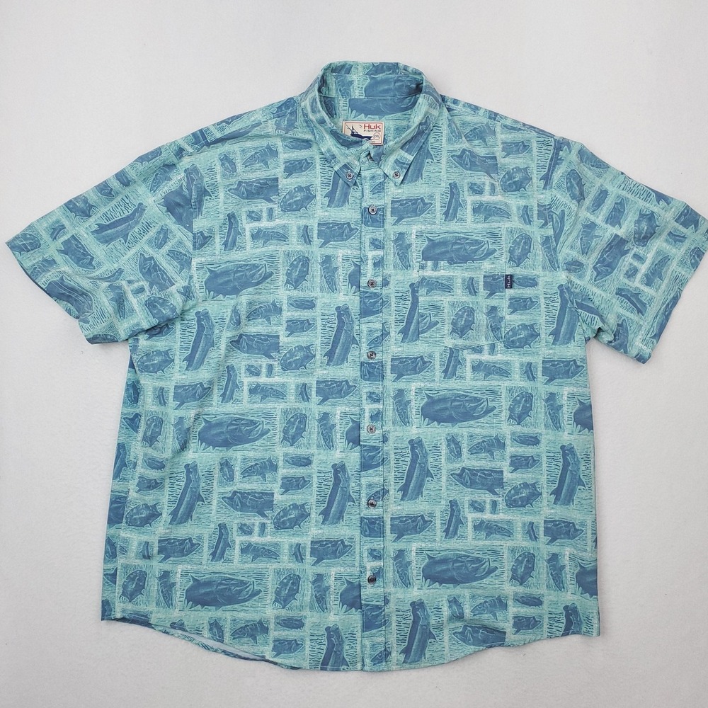 Huk Performance Fishing Shirt Mens 2XL Blue Fish Allover‎ Print Short Sleeve